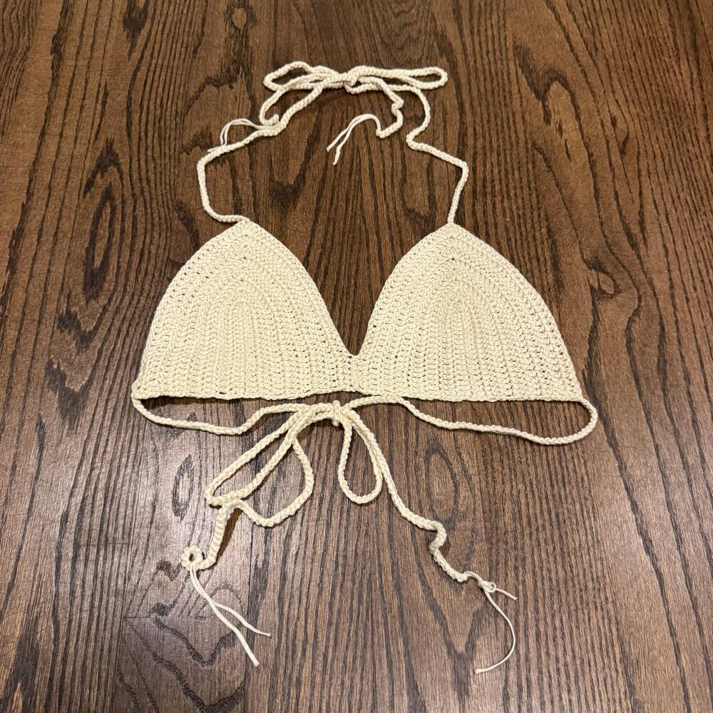 Boohoo Cream Crochet Triangle Halter Bikini Crop Top Boho Festival Size Small